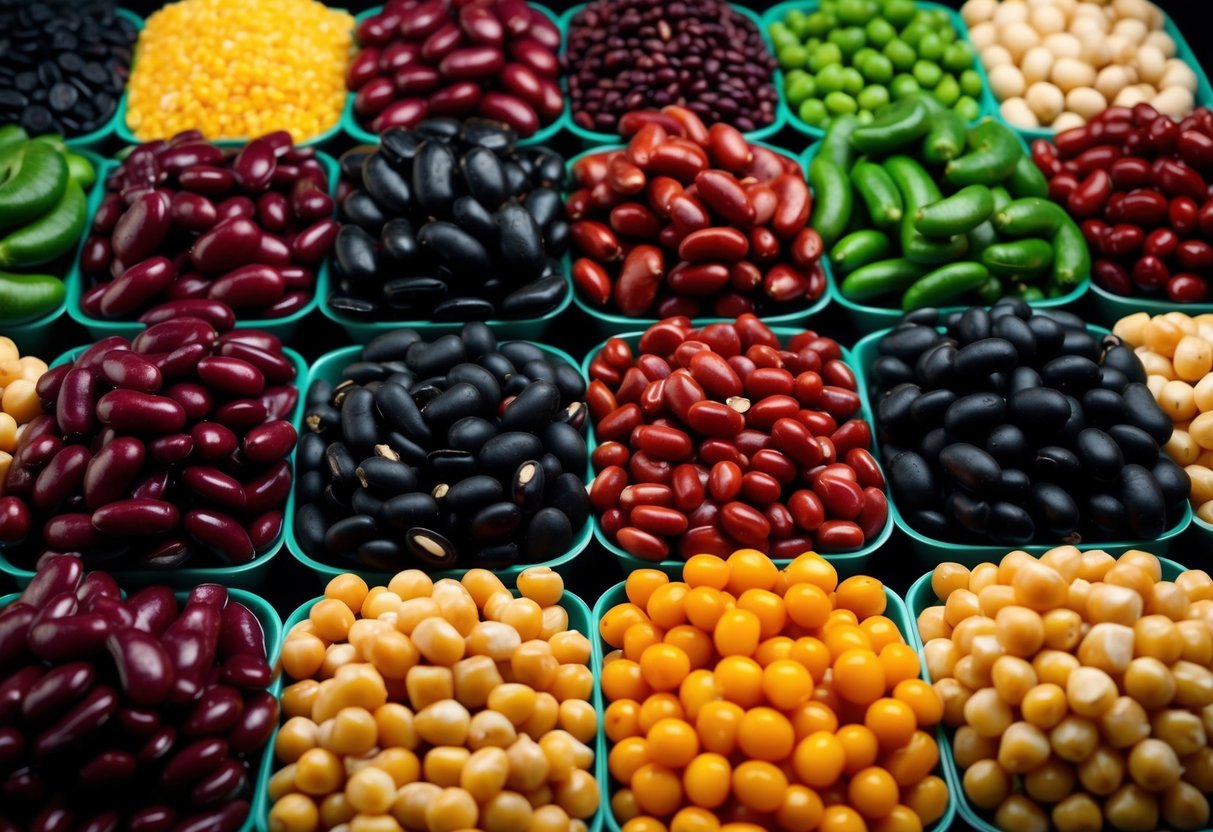 A colorful array of beans, including kidney, black, and garbanzo, arranged in a vibrant, bountiful display