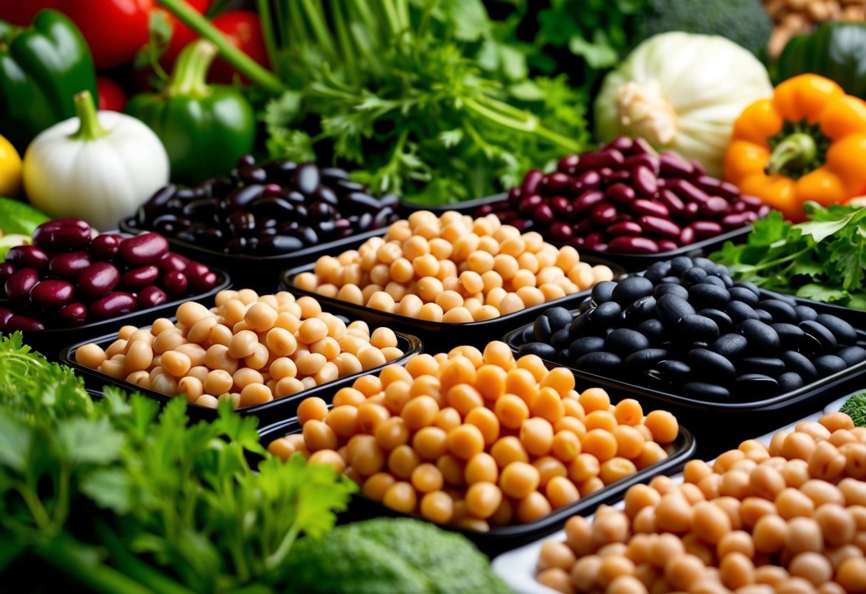 A colorful array of beans, including kidney, black, and chickpeas, arranged in a bountiful display with a variety of vegetables and herbs