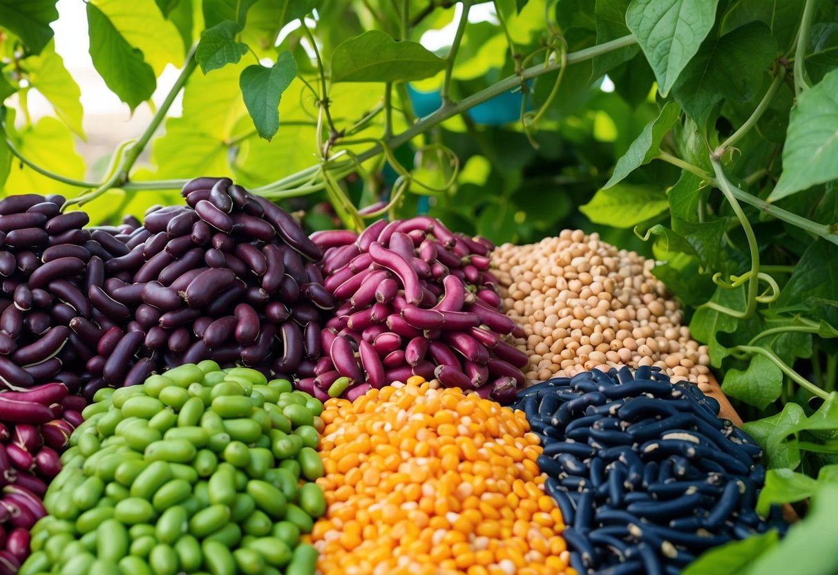 A colorful array of assorted beans arranged in a bountiful harvest scene, with vibrant green leaves and vines intertwining around the beans