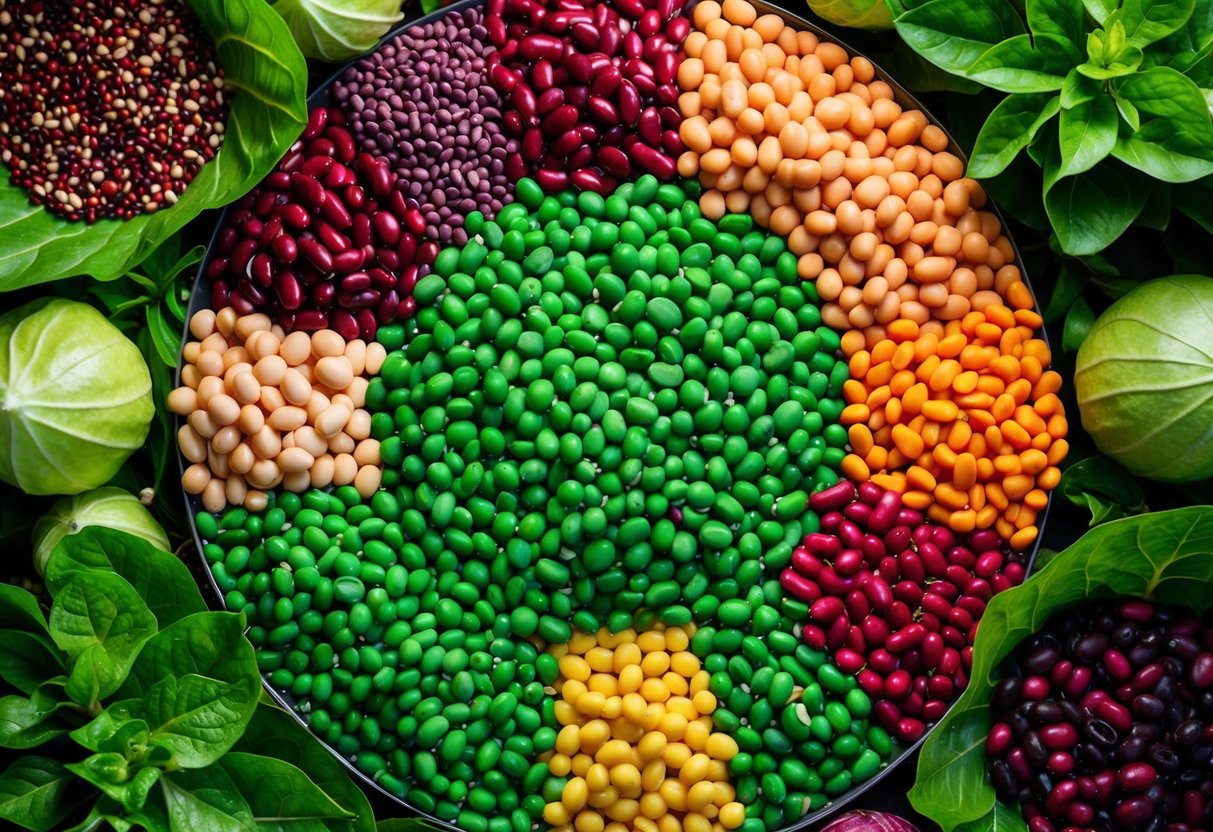 A colorful array of beans arranged in a circular pattern, surrounded by vibrant green leaves and other plant-based foods