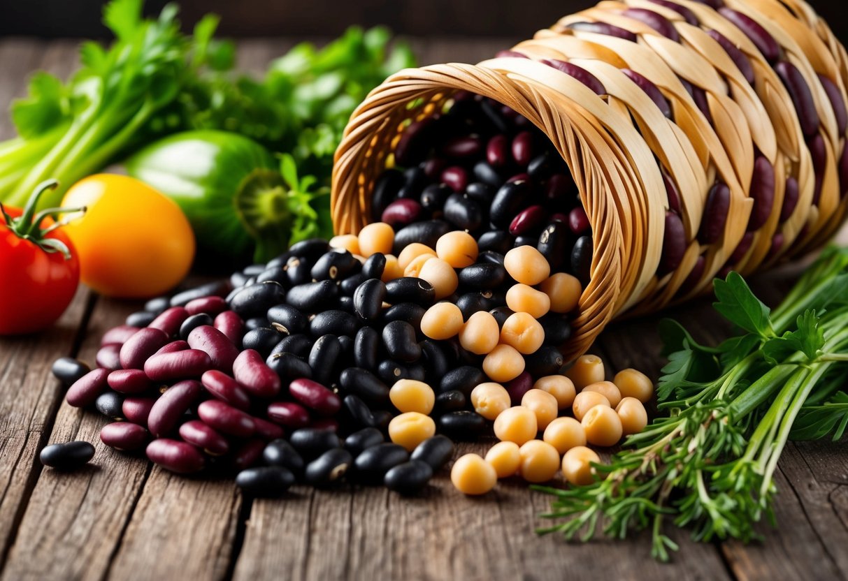 A colorful assortment of beans, including kidney beans, black beans, and chickpeas, spill out of a woven basket onto a rustic wooden table. A variety of fresh vegetables and herbs are arranged around the beans, highlighting their health benefits