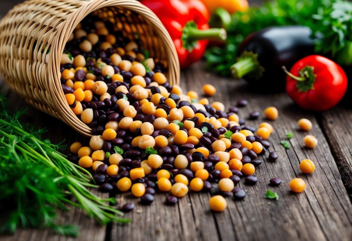 A colorful array of beans, lentils, and chickpeas spill out of a woven basket onto a rustic wooden table, surrounded by fresh vegetables and herbs