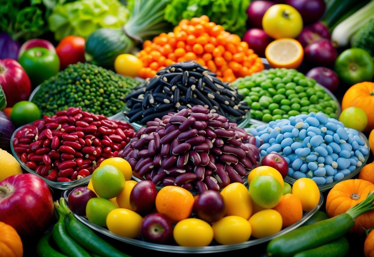 A colorful array of beans arranged in a bountiful display, surrounded by vibrant fruits and vegetables, highlighting the essential vitamins and health benefits for vegans and vegetarians