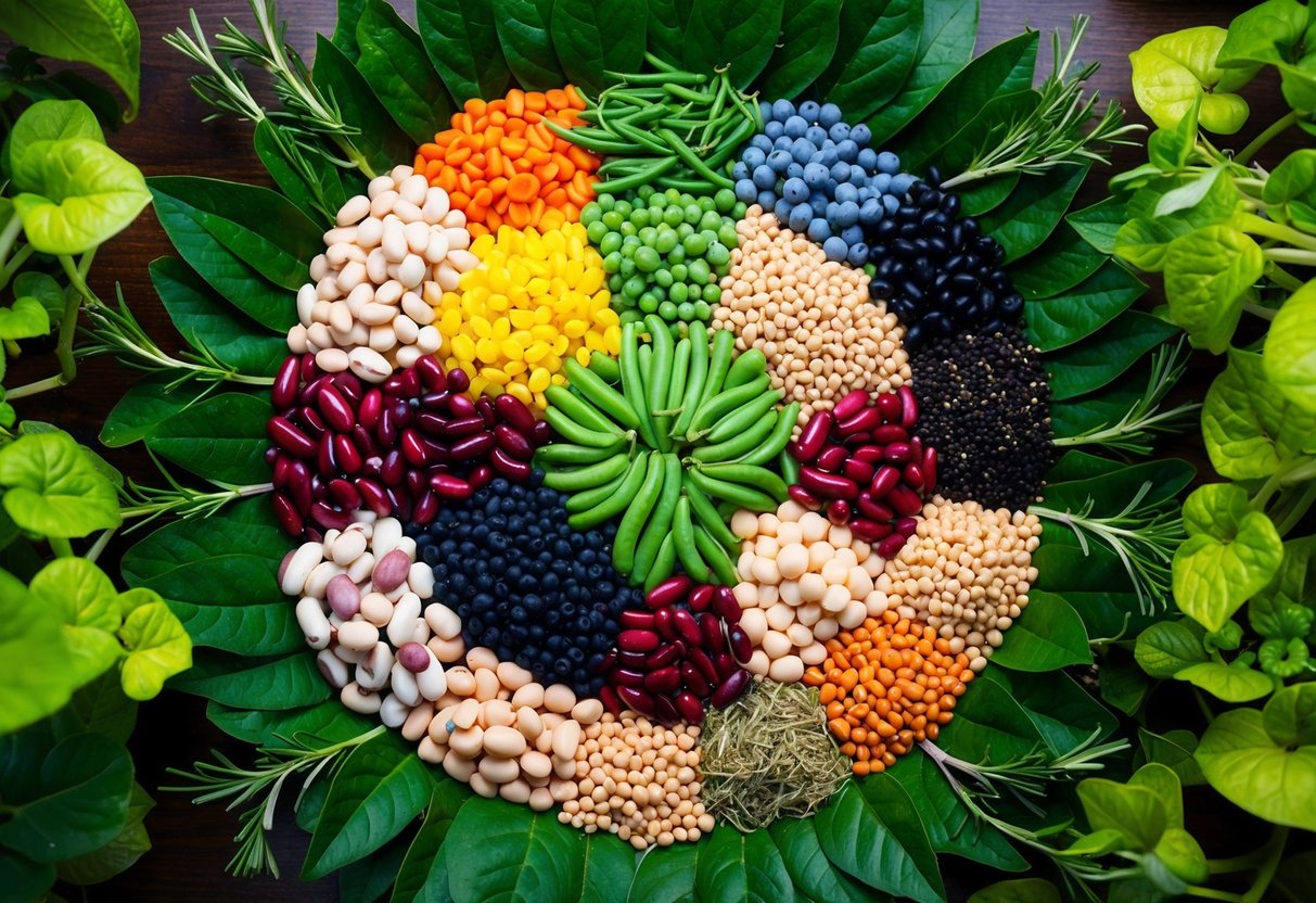 A colorful array of beans arranged in a circular pattern, with various types and sizes, surrounded by vibrant green leaves and sprigs of fresh herbs