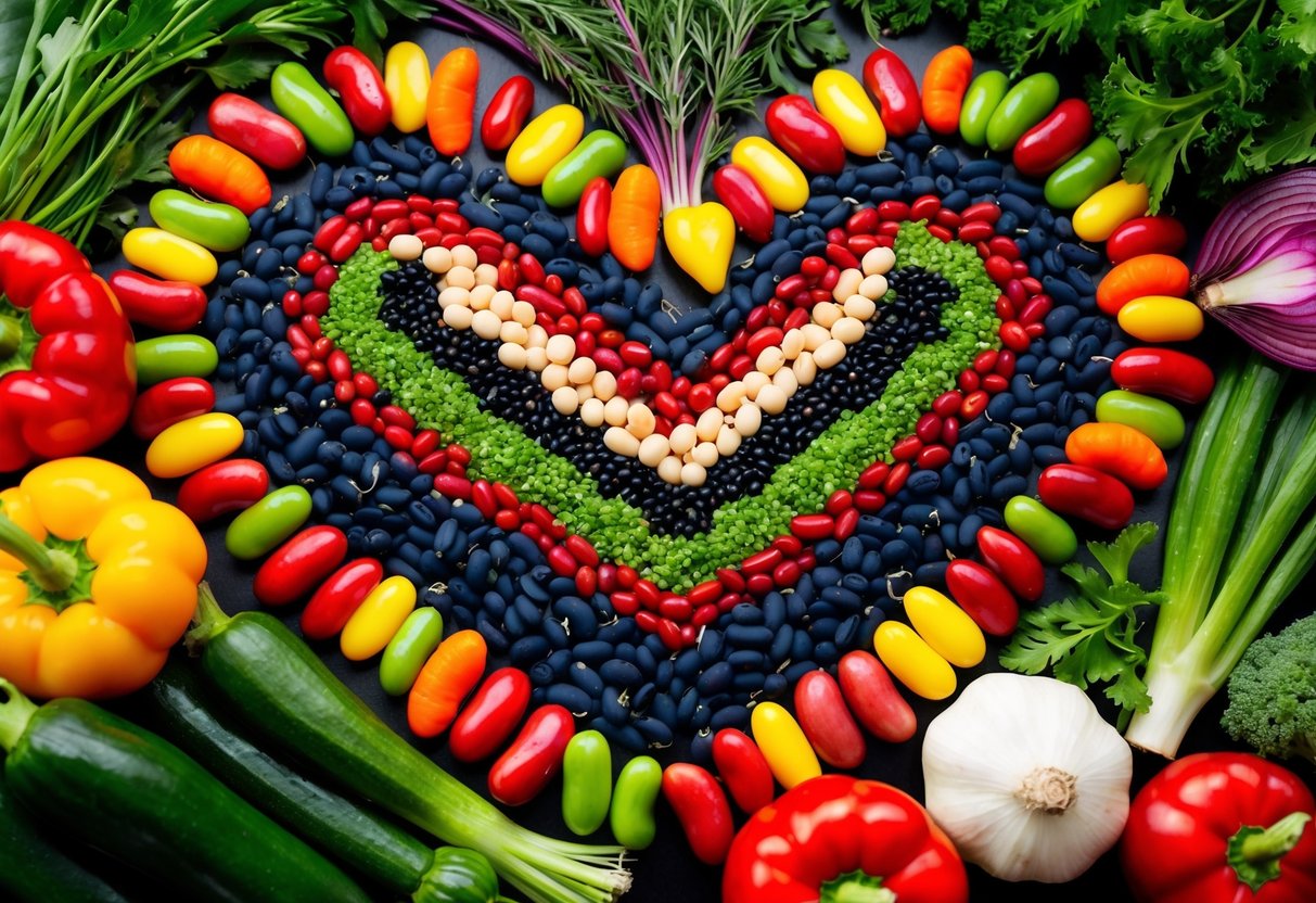 A colorful assortment of beans arranged in a heart shape, surrounded by vibrant vegetables and herbs, symbolizing the heart-healthy benefits of a plant-based diet