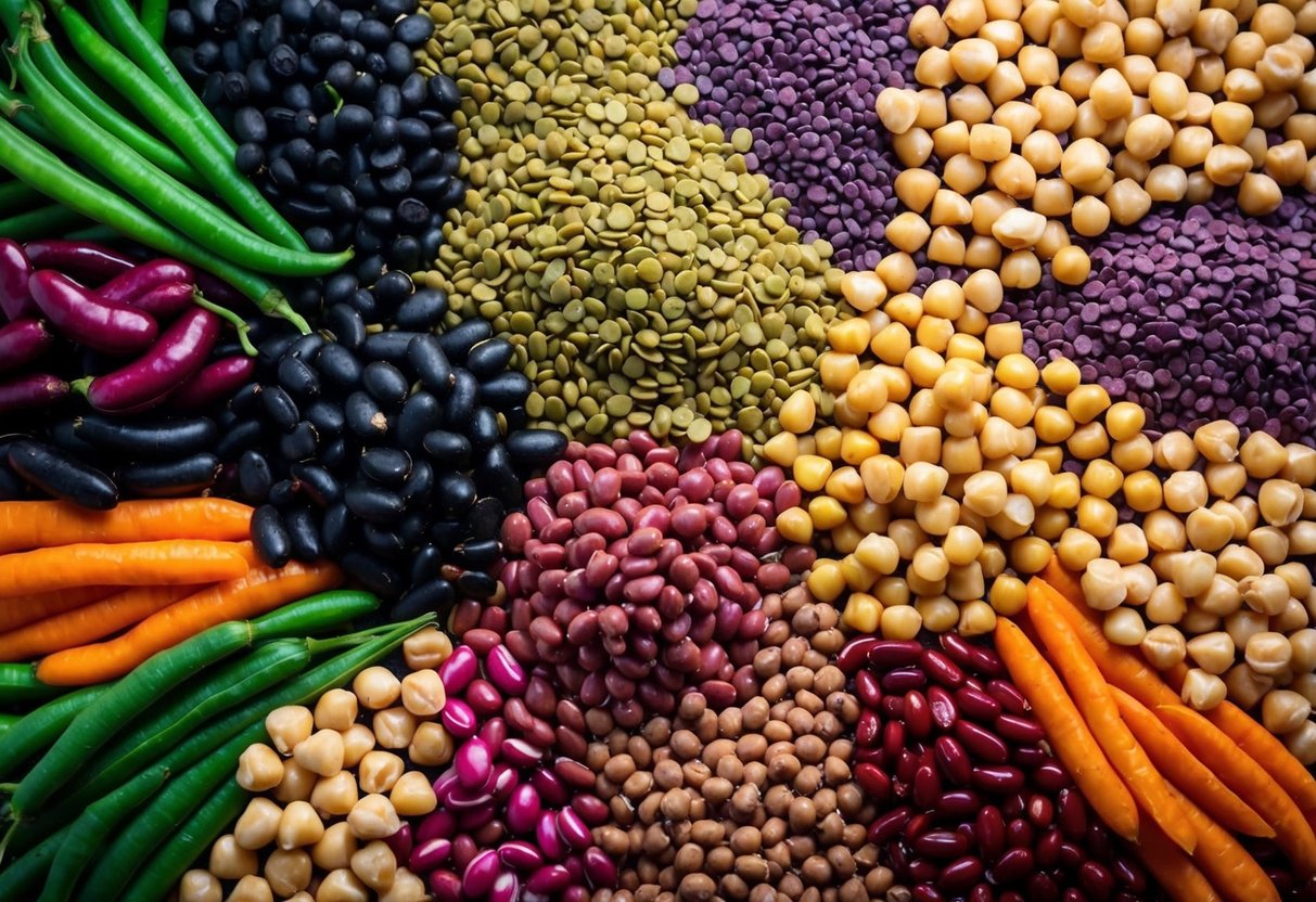 A colorful array of beans, lentils, and chickpeas arranged in a vibrant, appetizing composition