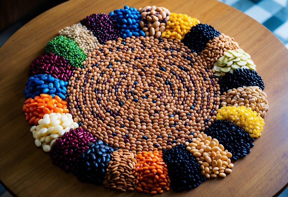 A colorful array of beans arranged in a circular pattern, with various types and sizes stacked neatly on a wooden table