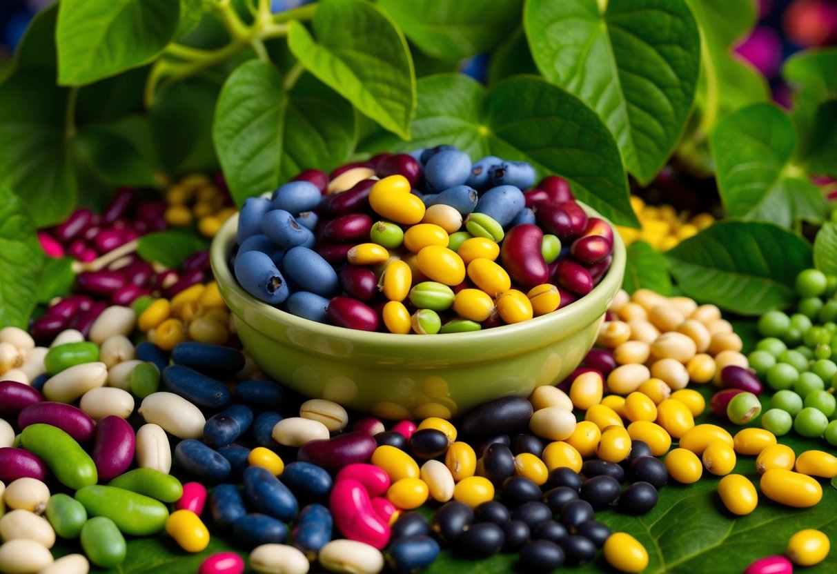 A colorful array of beans in various shapes and sizes, surrounded by vibrant green leaves and set against a backdrop of a balanced scale