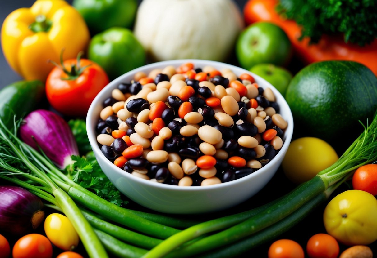 A vibrant bowl of assorted beans and legumes, arranged in a visually appealing manner, surrounded by fresh vegetables and fruits, exuding a sense of energy and vitality