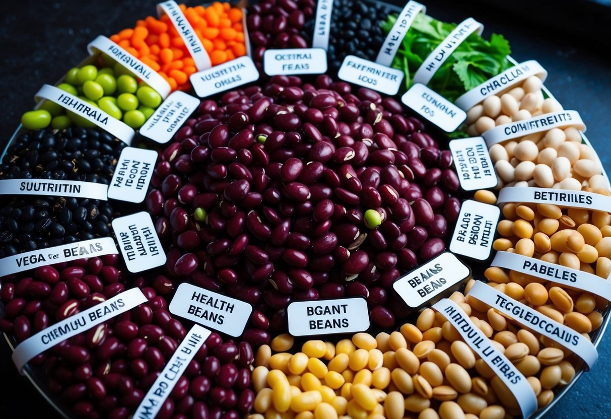 A colorful array of beans arranged in a circle, with labels indicating their nutritional benefits and health advantages for vegans and vegetarians