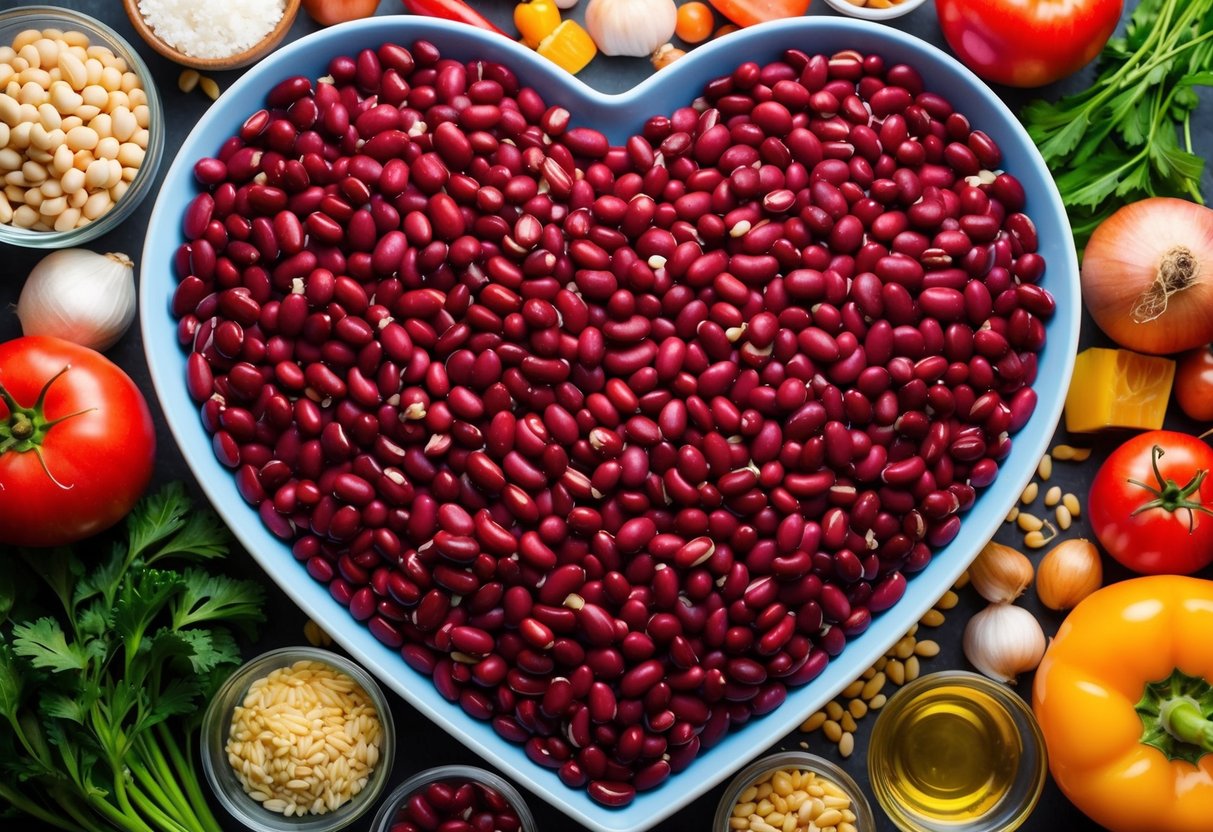 A colorful array of beans arranged in a heart shape, surrounded by various heart-healthy foods and ingredients