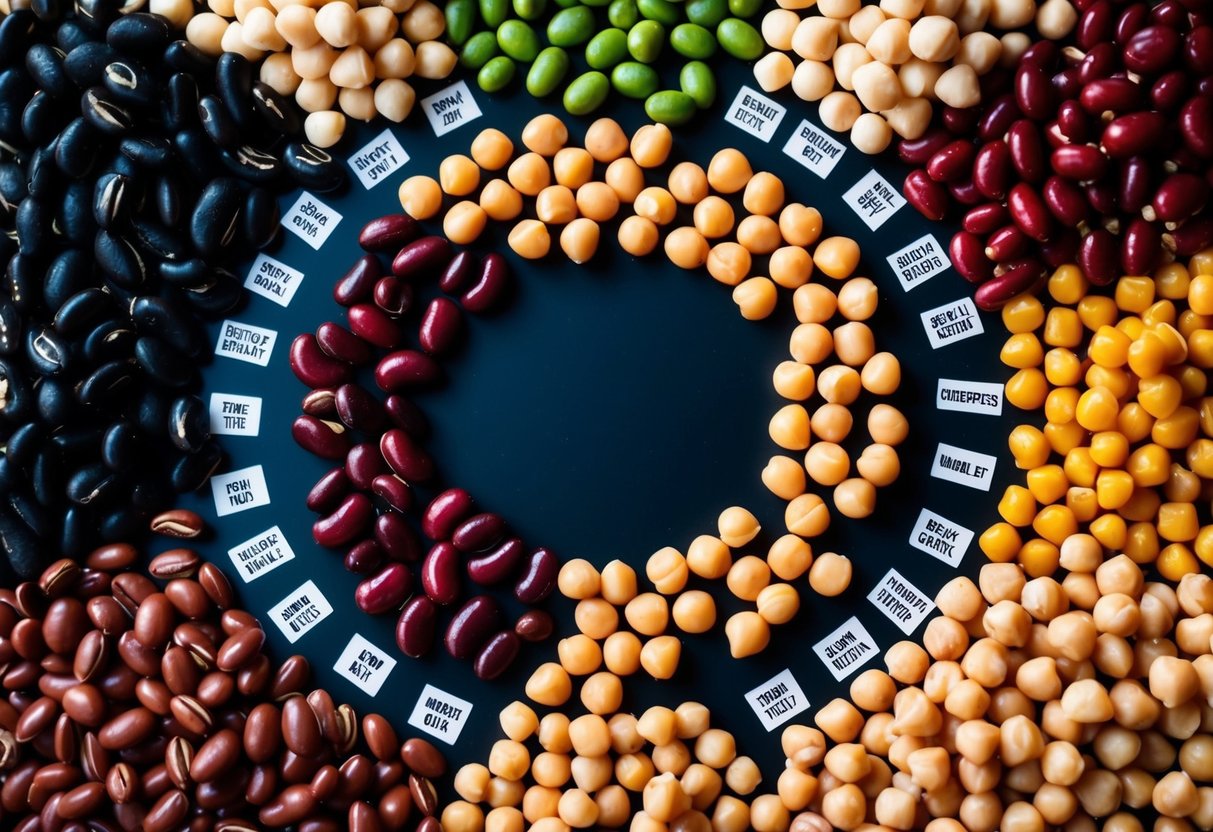 A colorful array of various beans, including black, pinto, kidney, and chickpeas, arranged in a circular pattern with their names written in small, elegant font beside each type