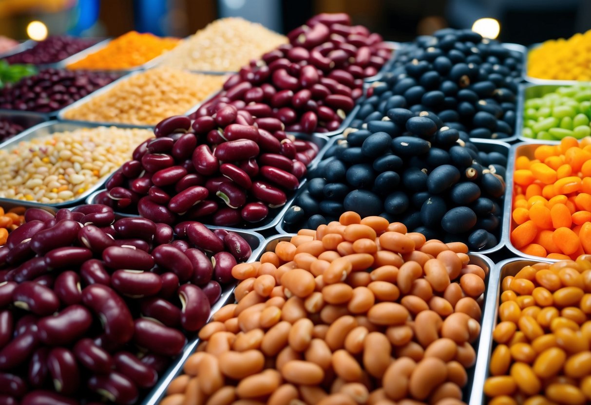 A colorful assortment of kidney beans, alongside various other types of beans, arranged in a visually appealing display