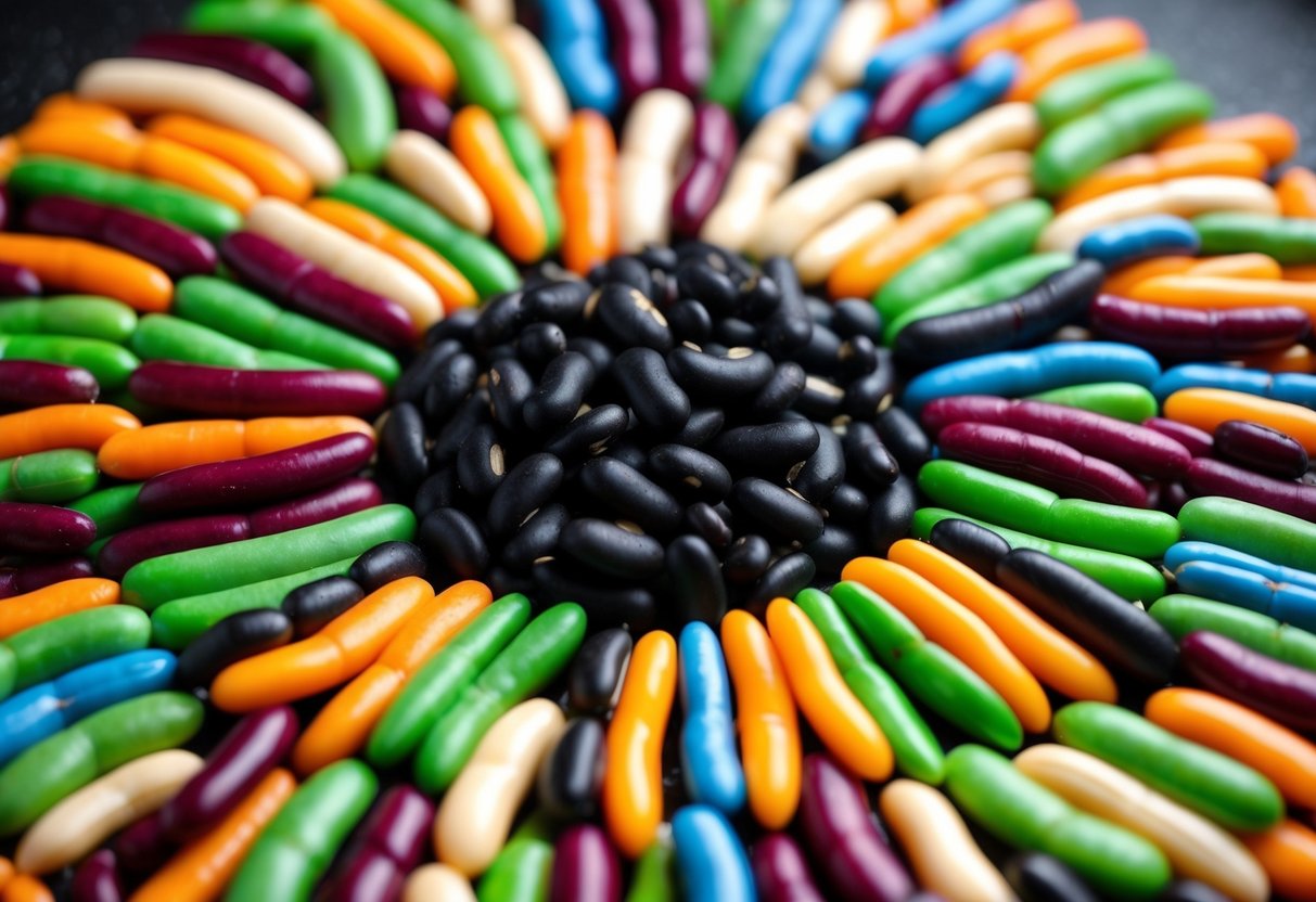 A colorful array of various beans arranged in a circular pattern, with black beans prominently displayed in the center