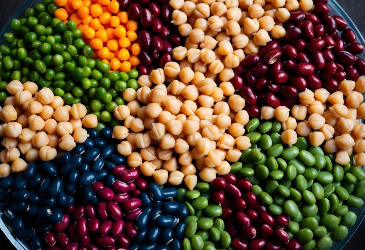 A colorful assortment of beans arranged in a circular pattern, with chickpeas prominently displayed in the center