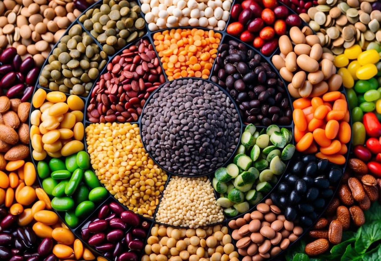 A colorful array of lentils and various beans arranged in a circular pattern, with vibrant hues and varying textures