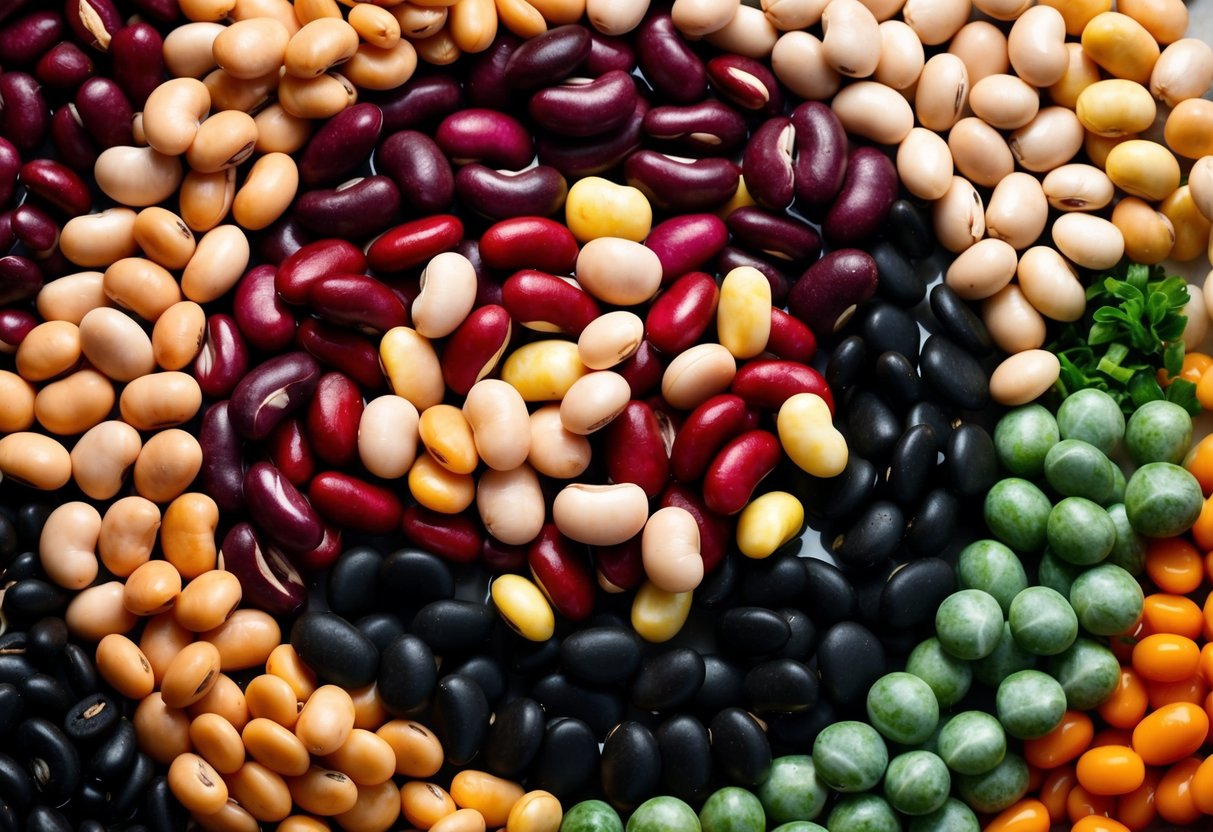 A colorful assortment of pinto beans, kidney beans, black beans, and other varieties arranged in a circular pattern, with a mix of textures and sizes