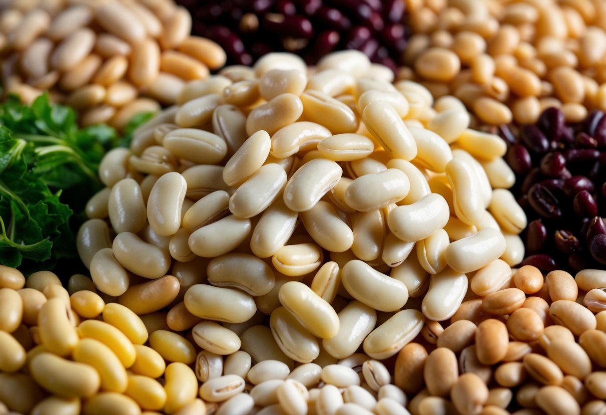 A colorful array of cannellini beans, surrounded by other types of beans, arranged in a visually appealing manner