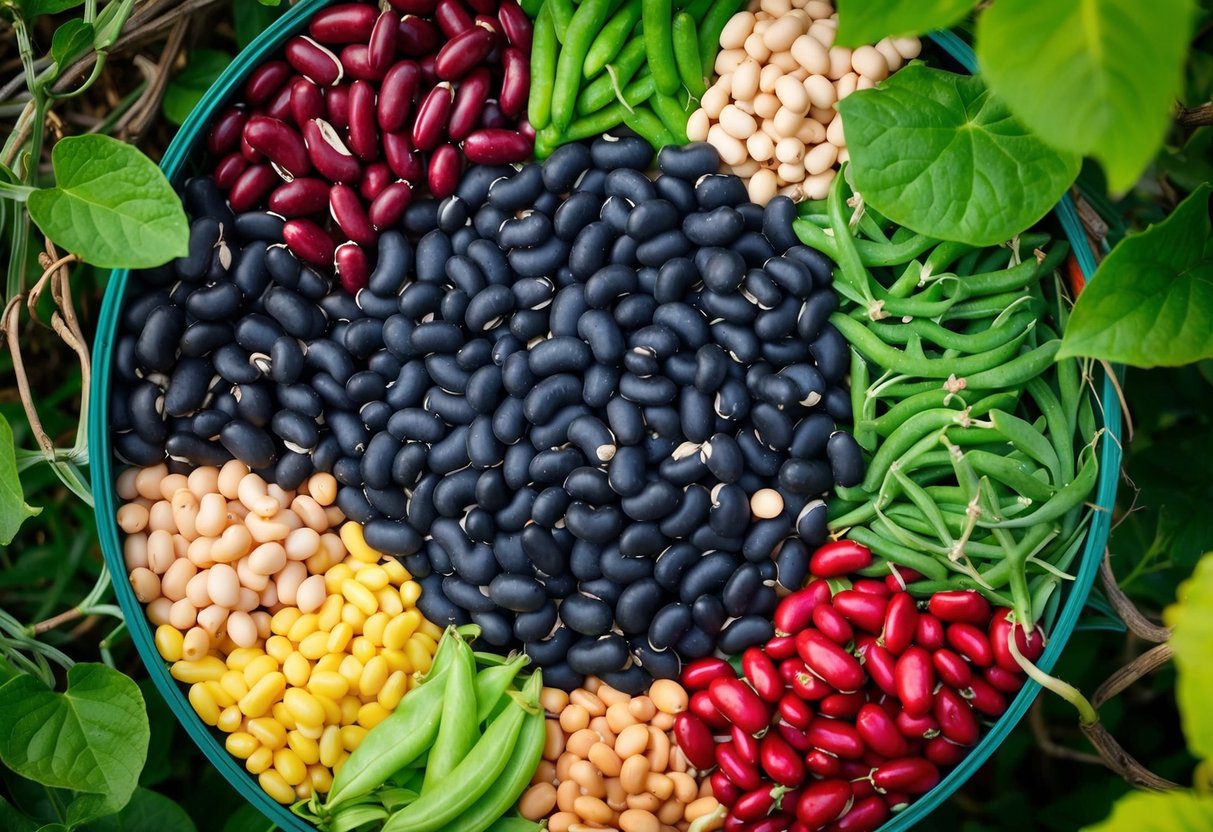 A colorful array of navy beans and various other types of beans arranged in a circle, with vibrant green leaves and vines intertwined throughout