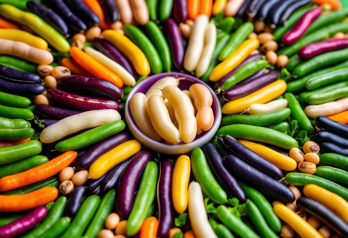 A colorful array of assorted beans arranged in a circular pattern, with vibrant butter beans in the center surrounded by various other types of beans