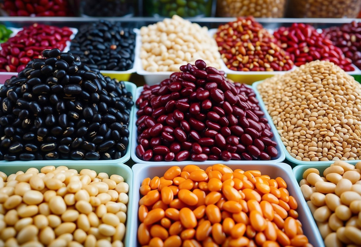 A colorful assortment of adzuki beans, along with other types of beans, arranged in a visually appealing display