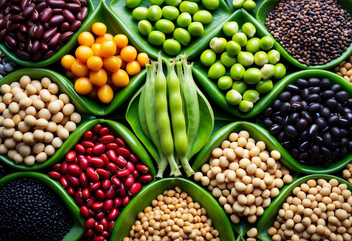 A colorful array of fava beans, along with 11 other types of beans, arranged in a visually appealing manner