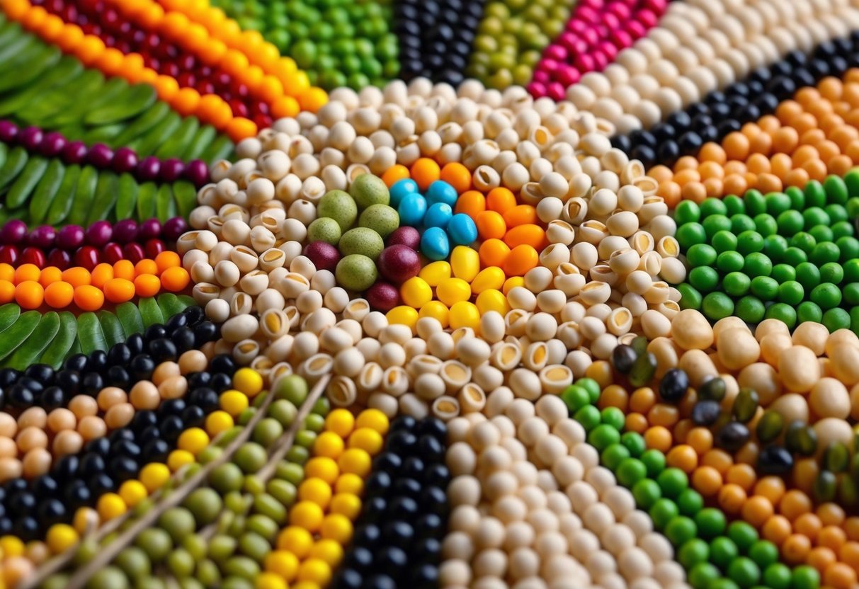 A colorful array of mung beans and various types of beans arranged in a circular pattern, with vibrant colors and varying sizes