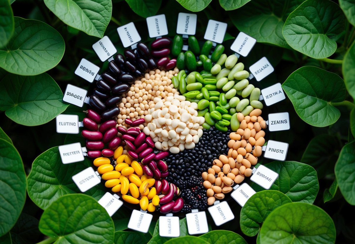 A colorful array of various beans arranged in a circular pattern, with labels indicating each type, surrounded by vibrant green leaves