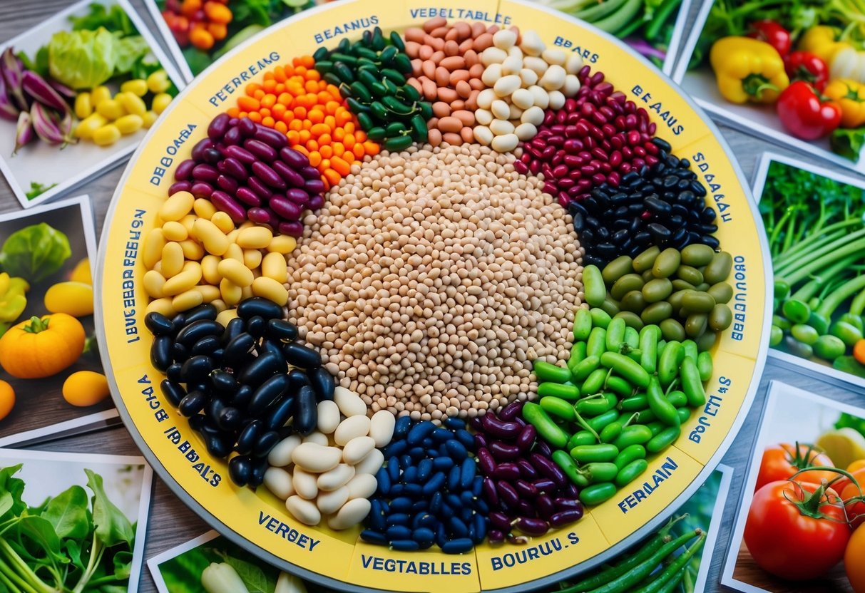 A colorful array of various beans arranged in a circular pattern, with labels identifying each type, surrounded by images of vegetables and fruits