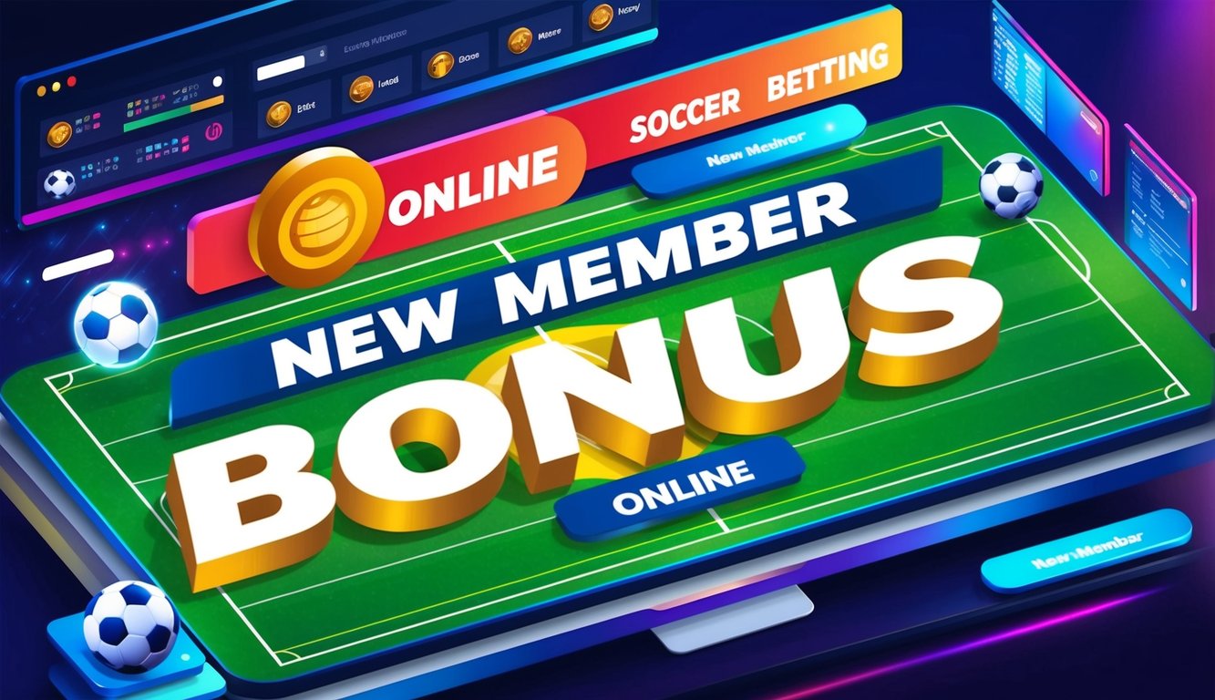 Antarmuka digital yang cerah menampilkan tawaran "bonus anggota baru" yang besar untuk taruhan sepak bola online