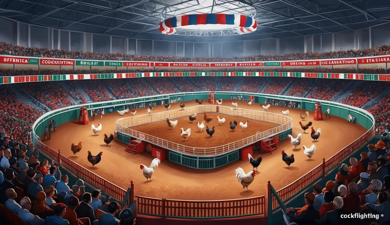 Sebuah arena sabung ayam resmi yang ramai dengan pasar taruhan internasional