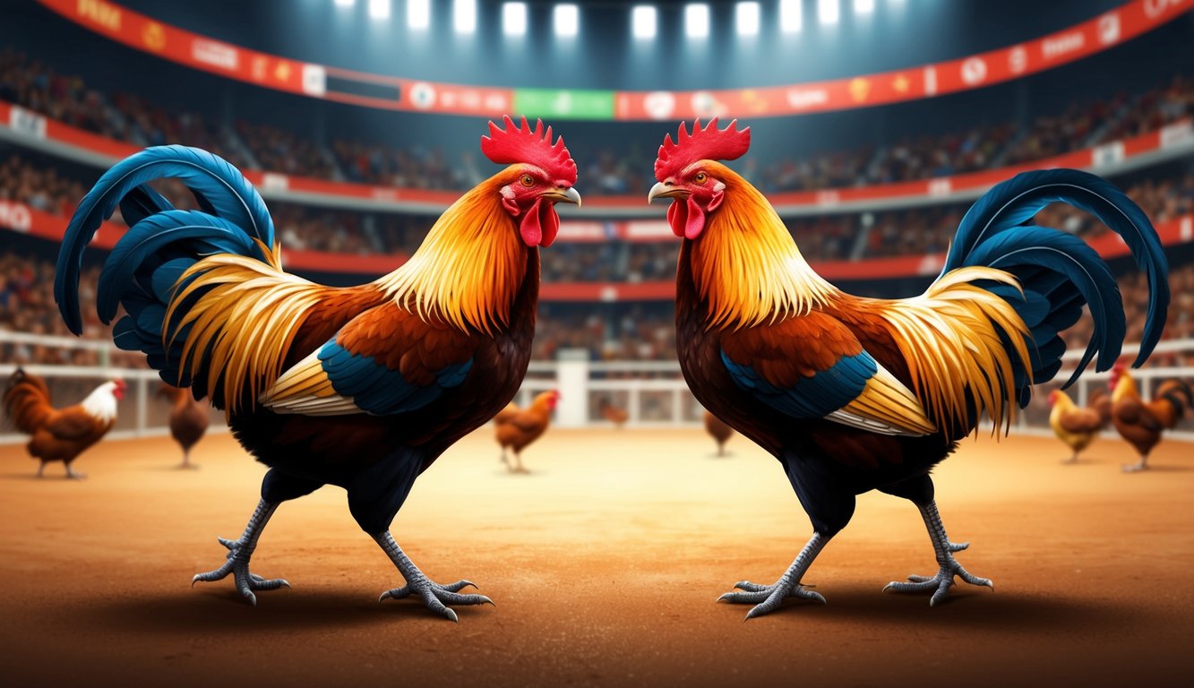 Dua ayam jantan berhadapan di arena sabung ayam online yang ramai dengan peluang menang yang tinggi