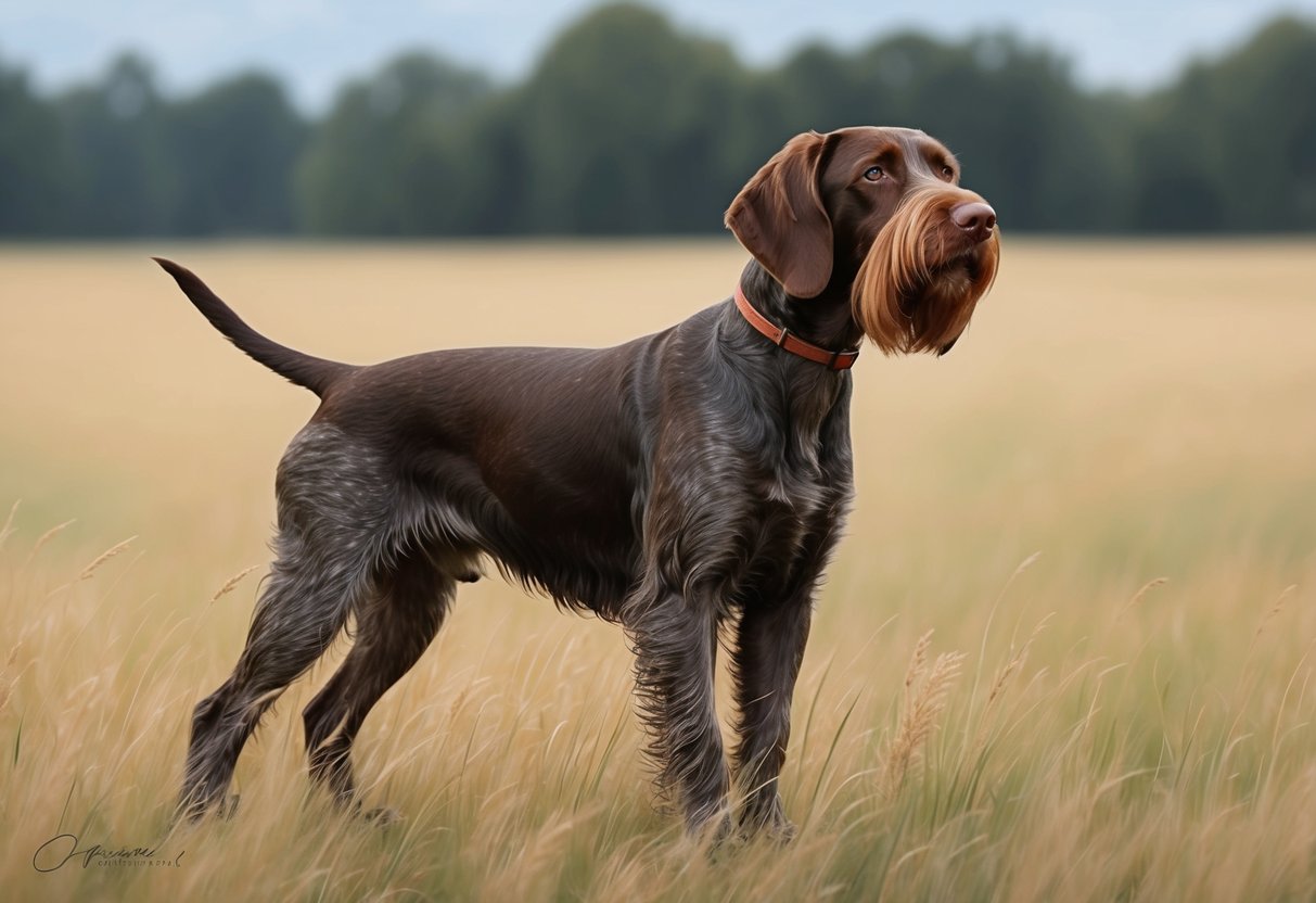 A German Wirehaired Pointer dog standing alert in a field, with its wiry coat and distinctive beard blowing in the wind