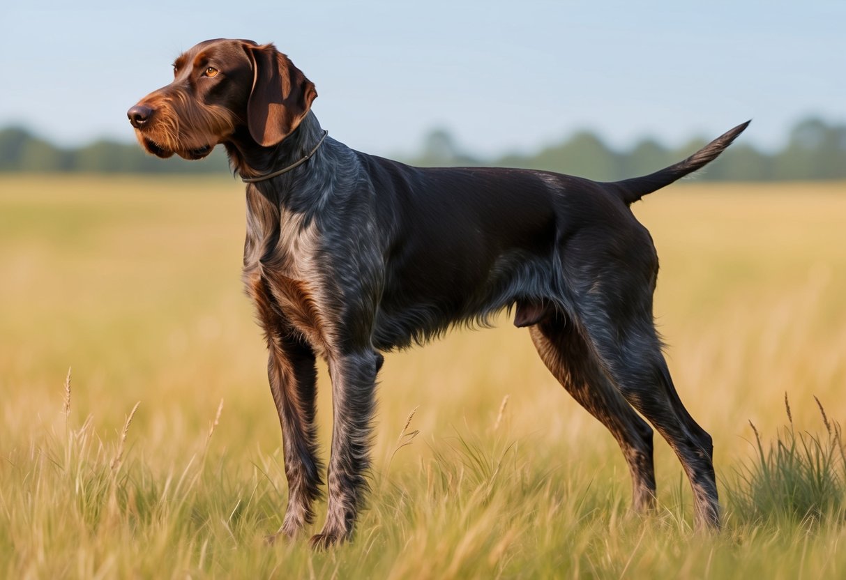 A German Wirehaired Pointer dog standing alert in a field, with a wiry coat, distinctive facial hair, and a strong, athletic build