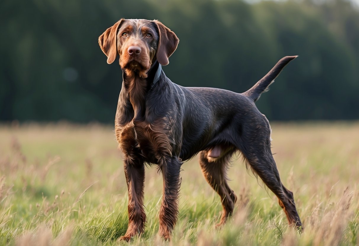 A German Wirehaired Pointer dog stands alert in a field, with a confident and intelligent expression. Its wiry coat and sturdy build exude a sense of strength and capability