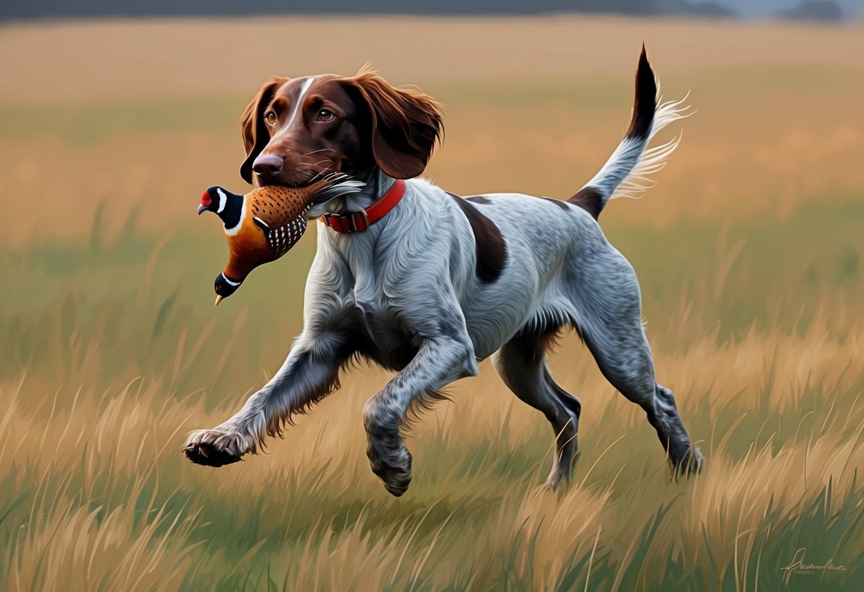 A German Wirehaired Pointer dog running through a field, with a pheasant in its mouth and a determined look in its eyes