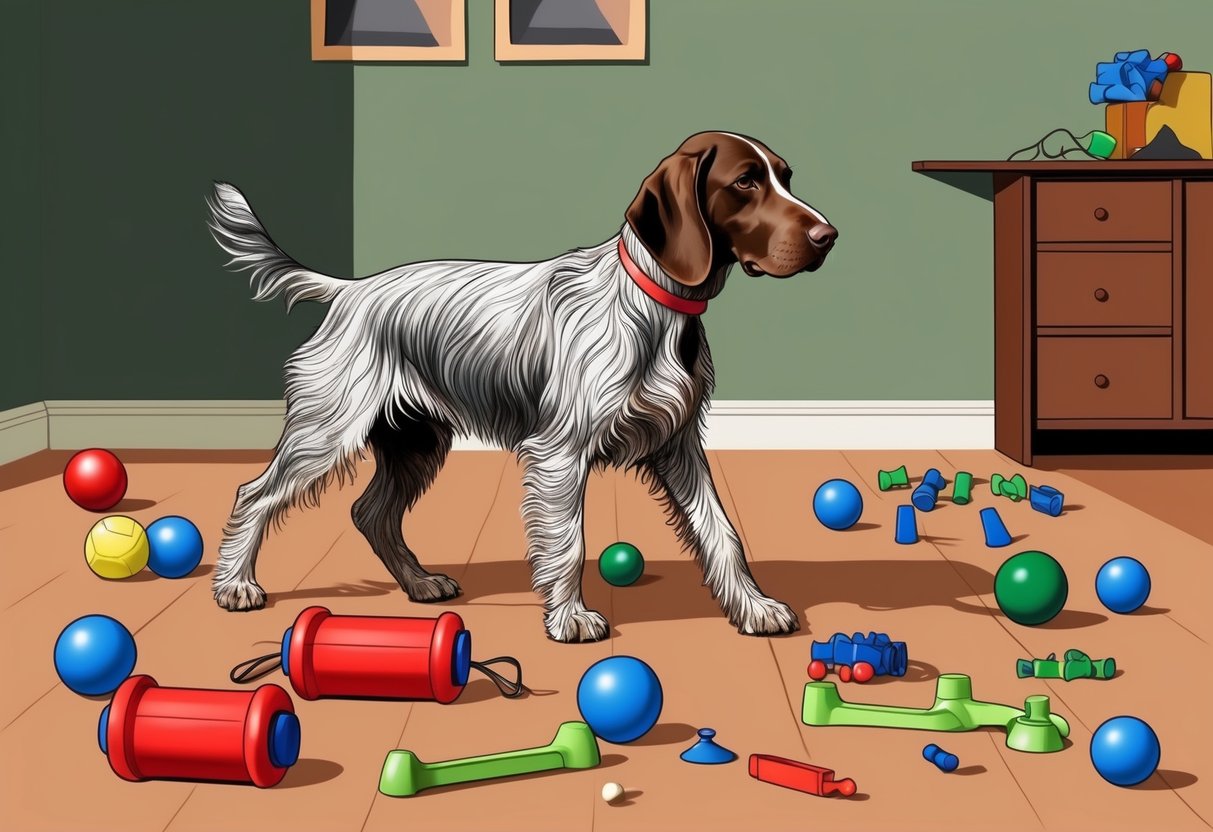 A German Wirehaired Pointer dog engaged in training exercises, with various mental stimulation toys scattered around the room