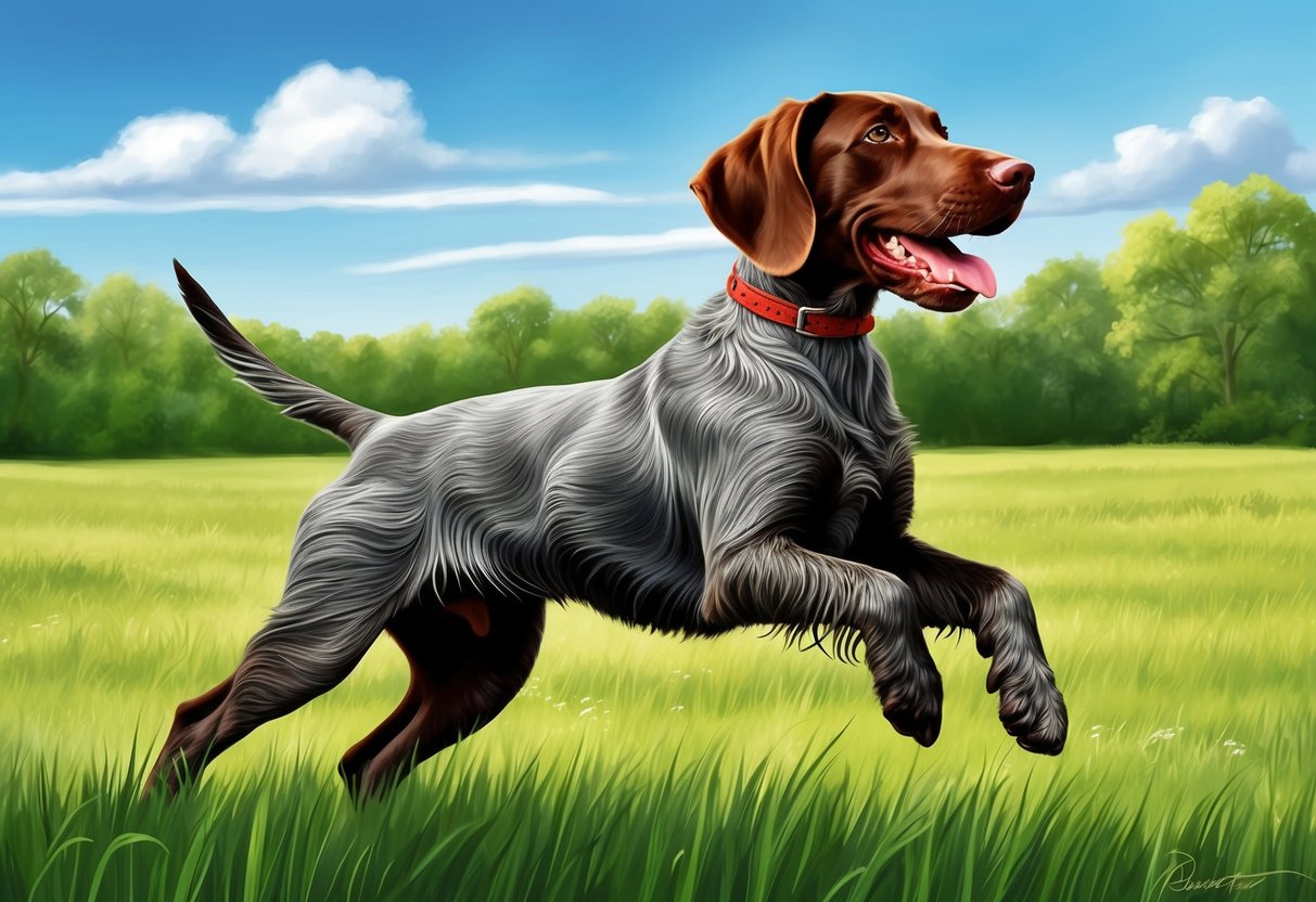 A German Wirehaired Pointer dog playing in a lush, green field with a clear blue sky overhead