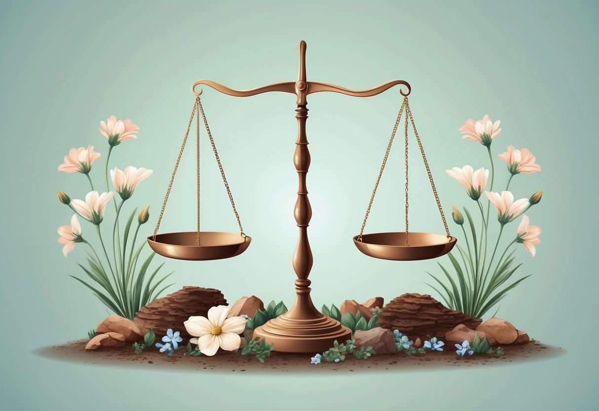 A scale balancing with precision, surrounded by earthy elements and delicate flowers, symbolizing the harmony between Libra and Virgo