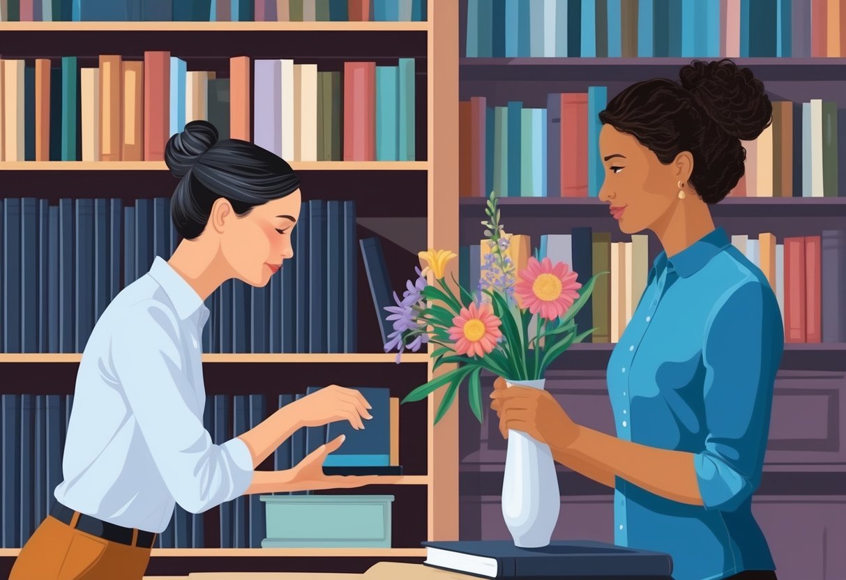 A Virgo meticulously organizing a bookshelf while a Libra arranges flowers in a vase nearby, both in harmonious coexistence