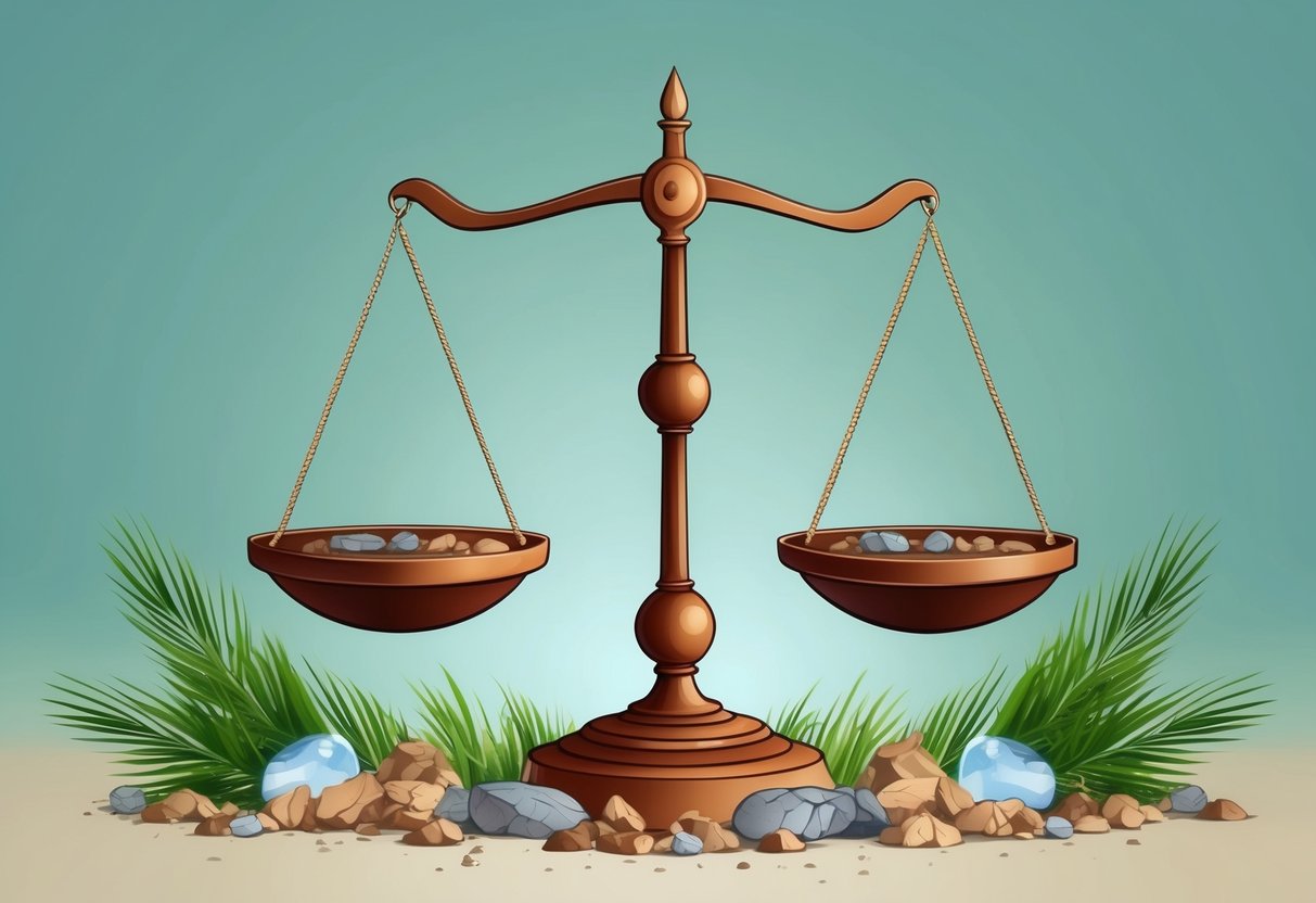 A balanced scale surrounded by earthy elements, symbolizing Libra and Virgo compatibility