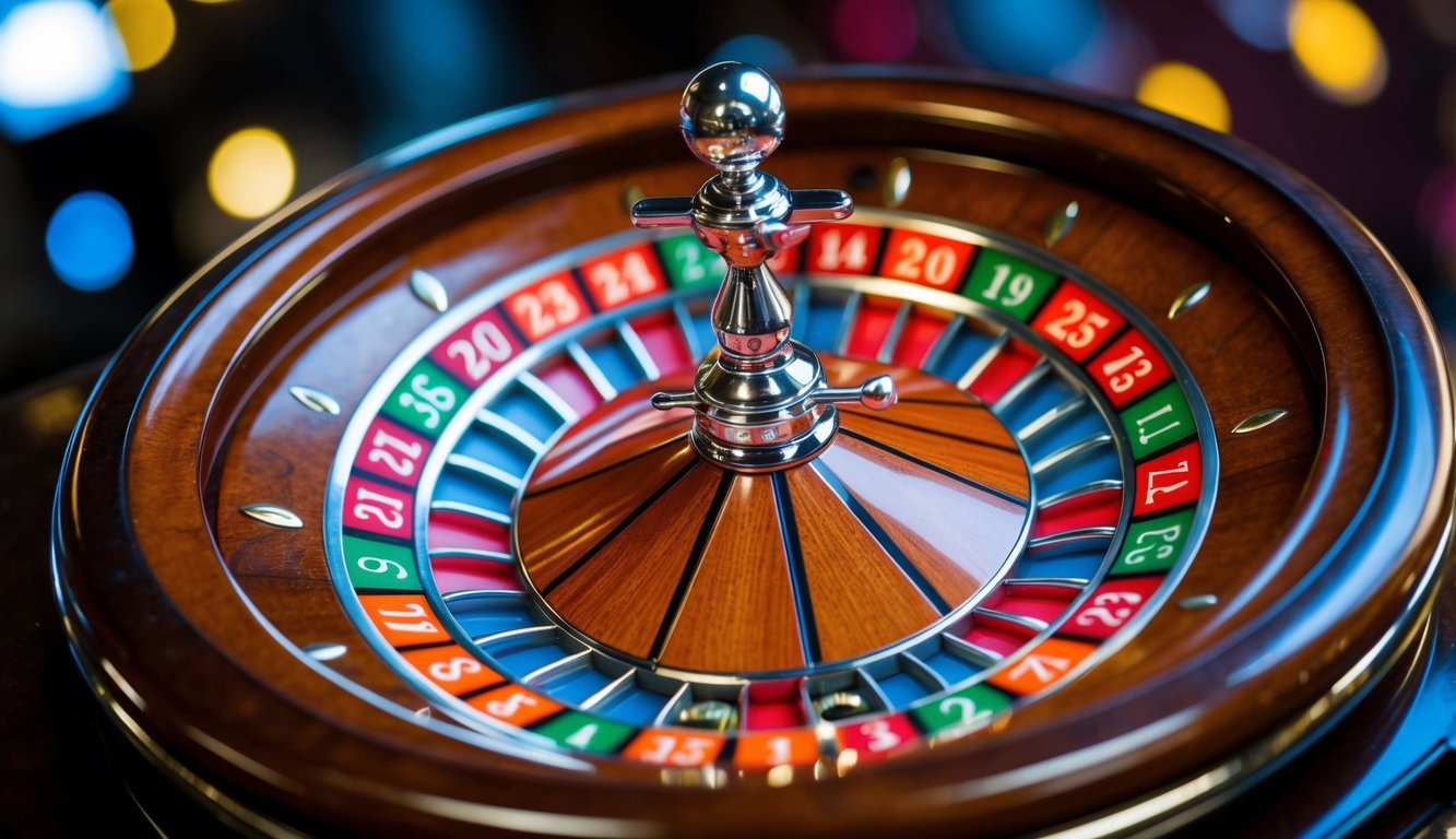 Roda roulette yang berputar dengan slot bernomor berwarna-warni dan bola perak kecil yang melompat-lompat di dalamnya