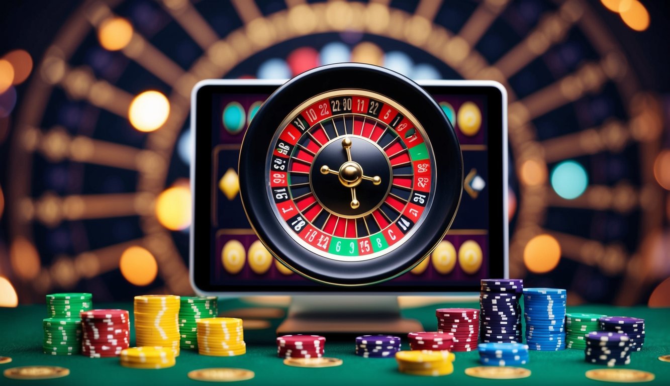 Sebuah roda roulette virtual berputar di antarmuka digital, dikelilingi oleh chip taruhan berwarna-warni dan latar belakang desain yang terinspirasi Indonesia.