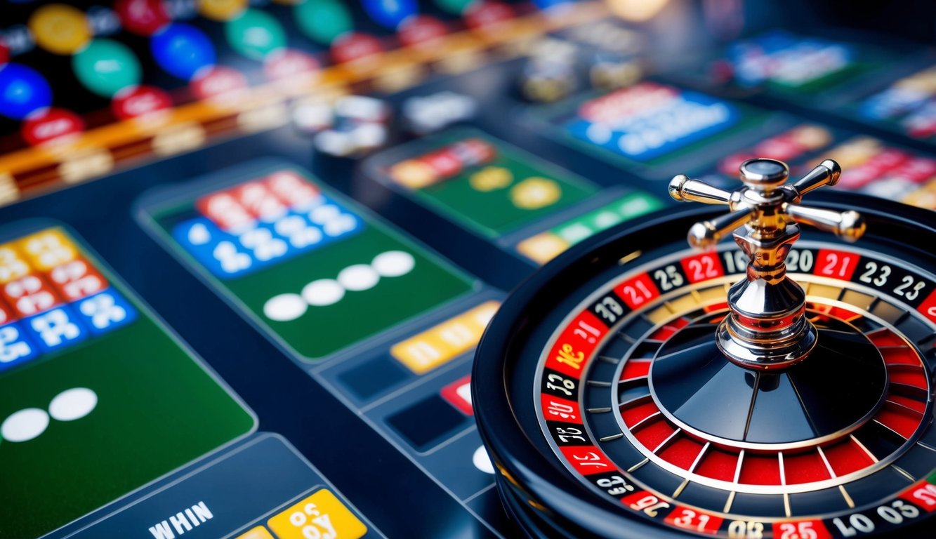 Roda roulette virtual berputar di antarmuka digital dengan opsi taruhan berwarna-warni di sekitarnya