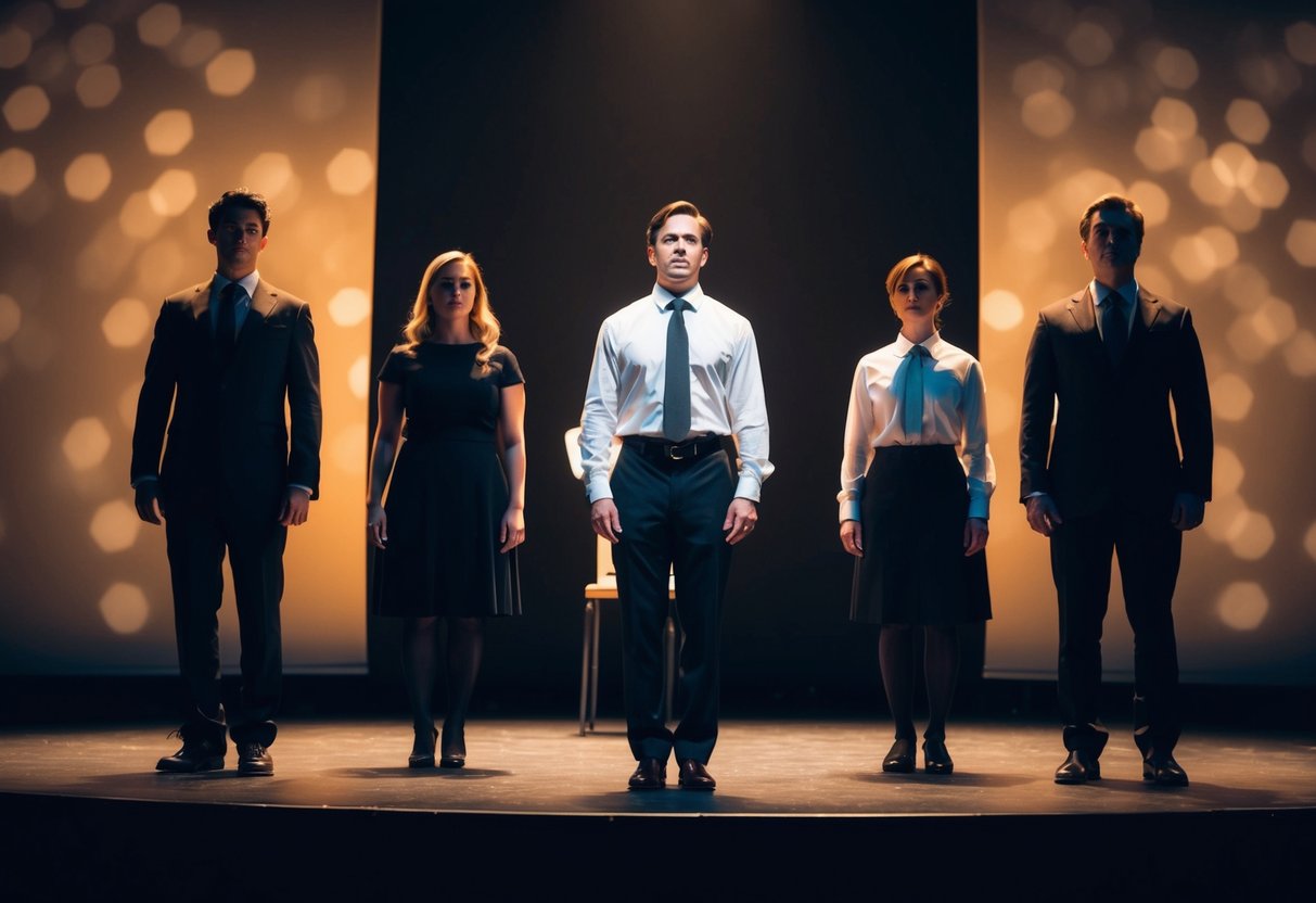 A group of actors stand on a dimly lit stage, with one figure positioned prominently in the center while the others stand slightly behind and to the sides