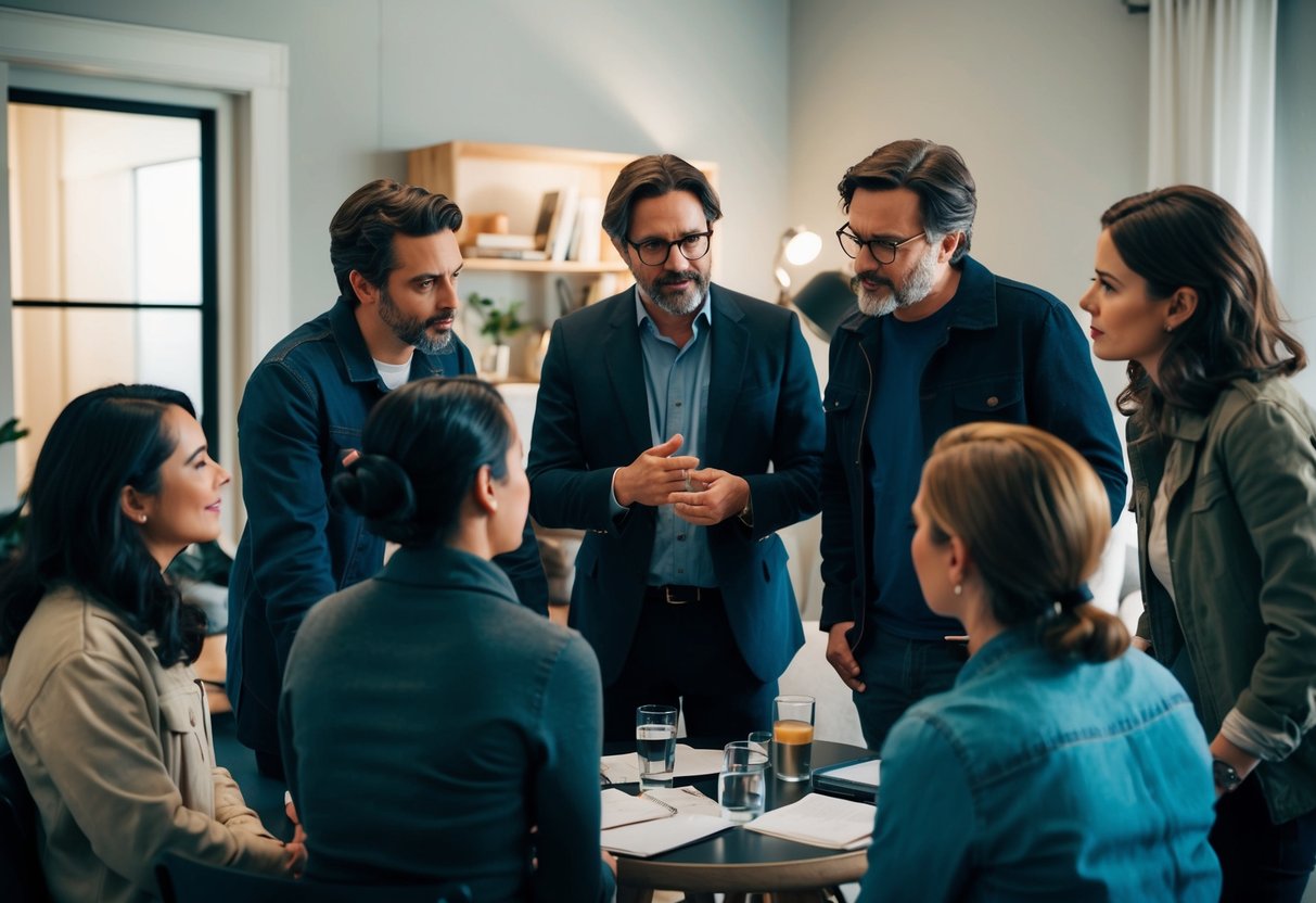 A group of actors gather around a director, discussing their roles in a small, intimate indie film. The atmosphere is casual yet focused, with everyone engaged in the conversation