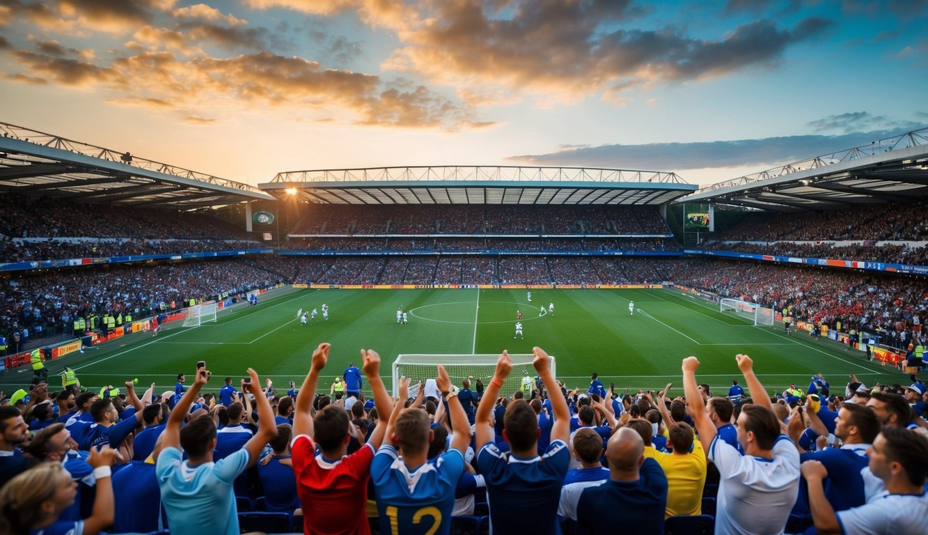 Sebuah stadion sepak bola yang ramai dengan penggemar yang bersorak dan pemain di lapangan