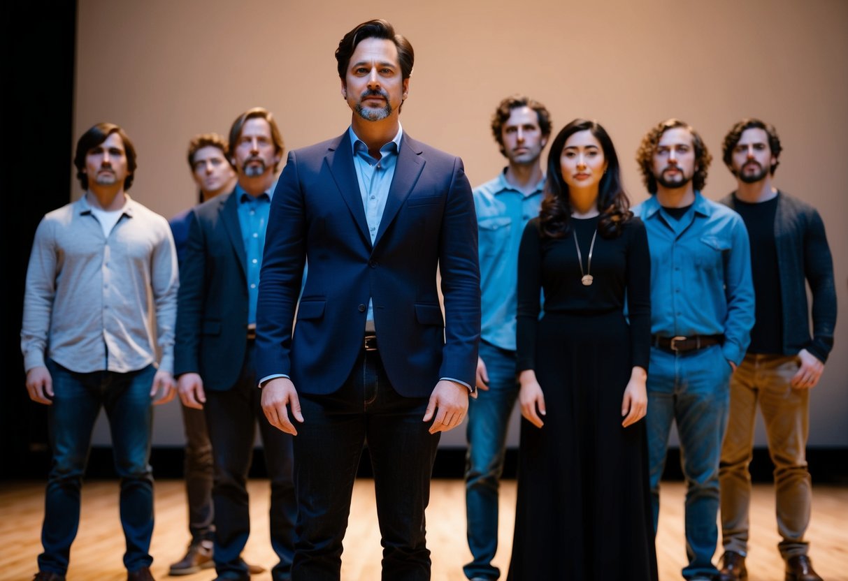 A group of actors stand on a stage, with one actor front and center, while the others are positioned slightly behind and to the sides, representing the dynamic of lead versus supporting roles in indie films