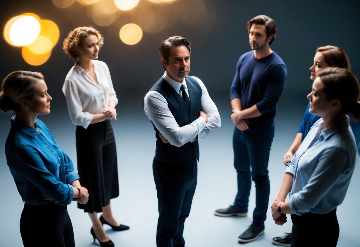 A group of actors stand in a circle, with one in the center surrounded by others looking on. The central figure appears confident and assertive, while the others seem supportive and attentive