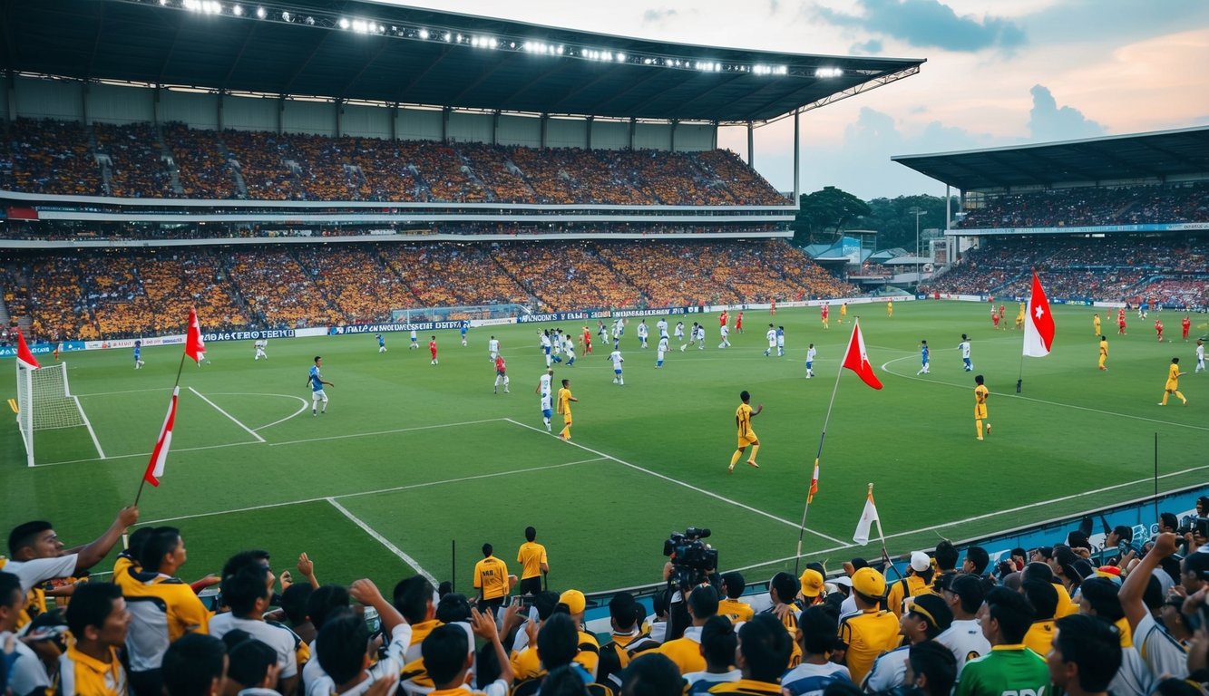 Sebuah stadion sepak bola Indonesia yang ramai selama pertandingan. Para penggemar bersorak dan melambai-lambaikan bendera saat para pemain bertanding di lapangan.